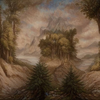 A sepia-washed hilly nature scene with trees in the fore and back and a prominant mountain far-off.